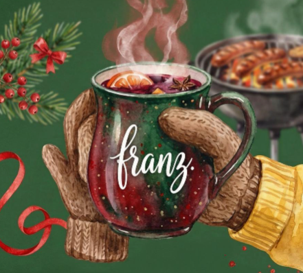 Flyer: Franz Glühgarten in Nideggen – Glühwein, Kinderpunsch, Reibekuchen, Käsespätzle und Thüringer Bratwurst. Freitag bis Sonntag ab 17:00 Uhr.