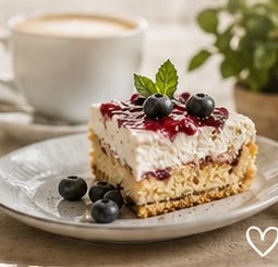 Kuchenstück mit Beeren und Kaffee